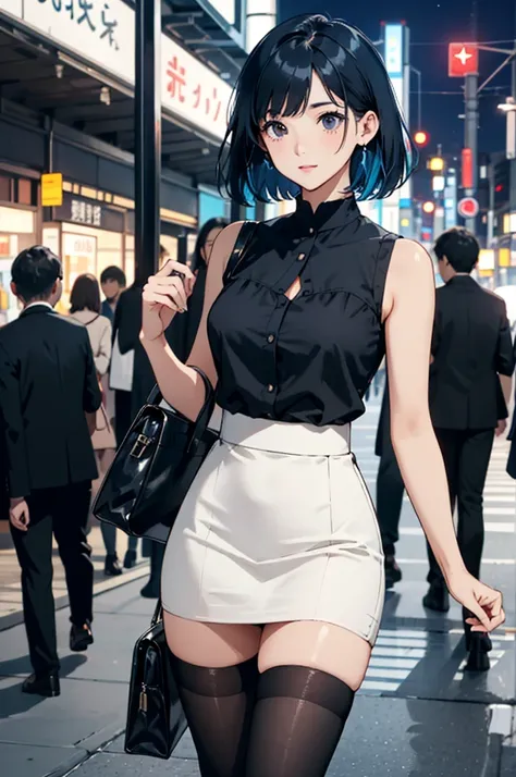  A woman with a short bob with beautiful black hair and a blue inner color applied to it appeared。She has a very slim figure and 、 has a sophisticated style typical of a career woman 。 with a white sleeveless blouse 、 wears a tight miniskirt 、 black tights...