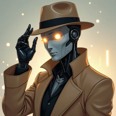 An anime-style portrait of a cyborg with a completely robotic face, no mouth or nose, showing only a smooth and futuristic metallic surface. His luminous eyes, in warm tones such as amber or soft blue, emanating a warm and gentle energy, creating a harmoni...