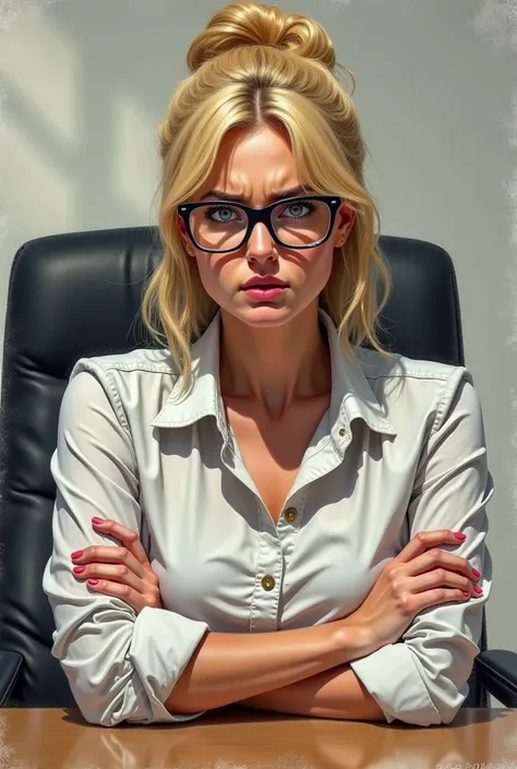 A drawing of a blonde director with her hair tied up and glasses who is behind her desk a bit angry with her arms crossed 