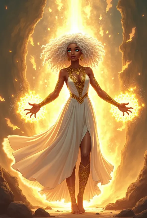 An African goddess with curly white hair and one eye blue and the other gold wearing a long white dress fitted with gold details and gold runes on her body opening golden portals with runes around her full body in anime style