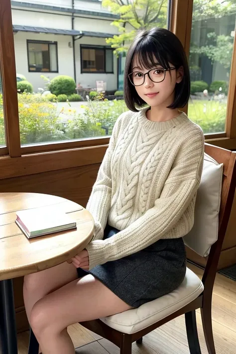 (High Definition), One Female, Japan Person, Cute, Black Hair Short, wearing Cable Knit & Quilted Out Door Long Skirt for Female, Small Oval Eye Glasses Frame, Sitting on a chair, Glance side, Lean on some cushions by window at Coffee room, Cup of coffee &...