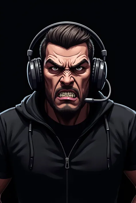 The head man is a brutal cock wearing gaming headphones, serious, tense face, black background, brutal cartoon images used as a logo.
