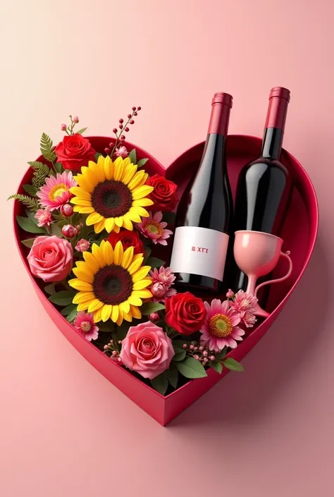 Create a model of a heart-shaped floral arrangement with sunflowers, red roses and pink flowers, but only on the left side of the heart, on the right side of the heart, necklace a cup and a bottle of wine for Mothers Day, but let the arrangement be in a he...