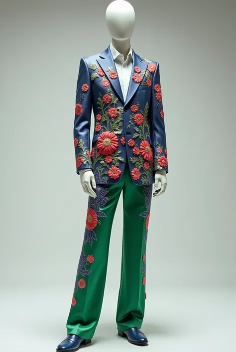  I want you to create a male K-Pop costume . I want a mannequin ,  not a person .  The costume is based on flowers .  And half green blue pants with flower details.  The fabric is made of silk , along with shoes matching the look .