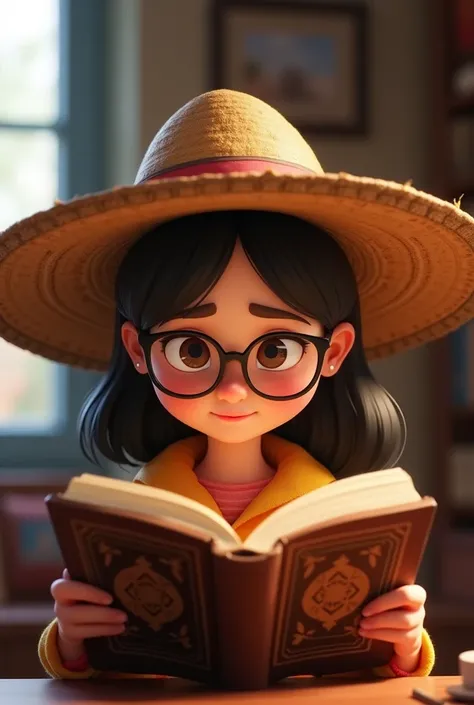 Create an animated image of a girl reading a Peruvian book wearing an Arequipa hat 
That he has glasses and that he is looking at the book