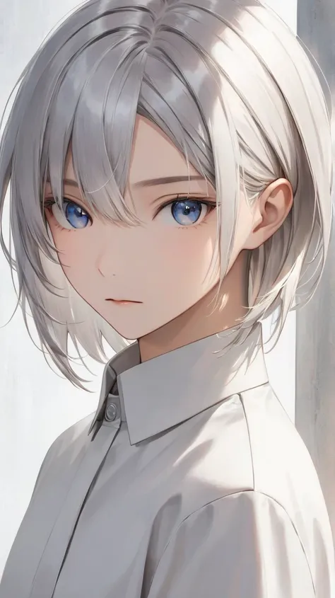 short silver hair, middle parted bangs, bangs fall naturally over the center of the forehead, sleek, sharp and precise hair with subtle layers, low hair volume, slightly tousled texture, boyish and androgynous charm, minimalistic style, light natural hair ...