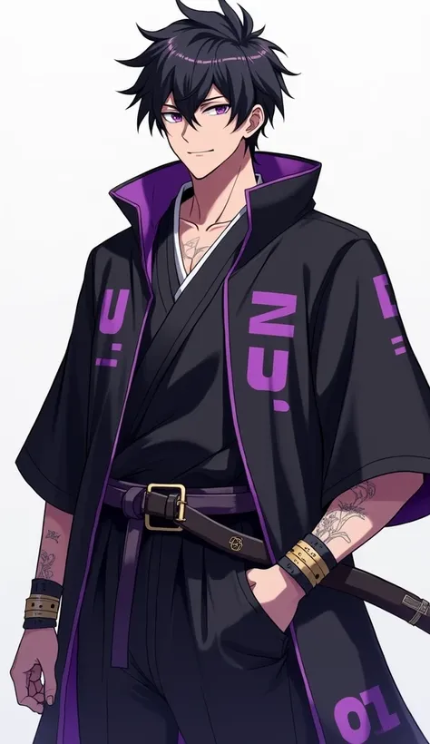  male character , youthful, anime,  full body ,  friendly and trust-inspiring face, defined body, VERY masculine, modern samurai ,  his outfit is a mix between samurai and modern clothing from 2024,  anime style,  with black attire and purple details , wit...