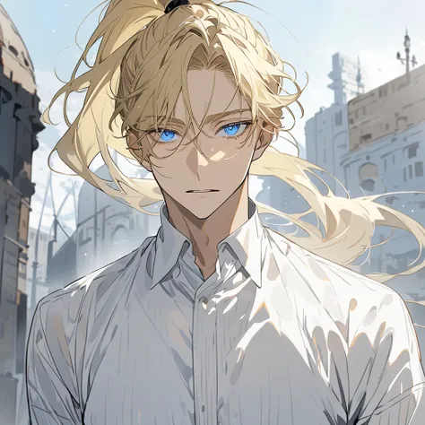 A man with blond hair. Long high ponytail and blue eyes. dressed in a white shirt 