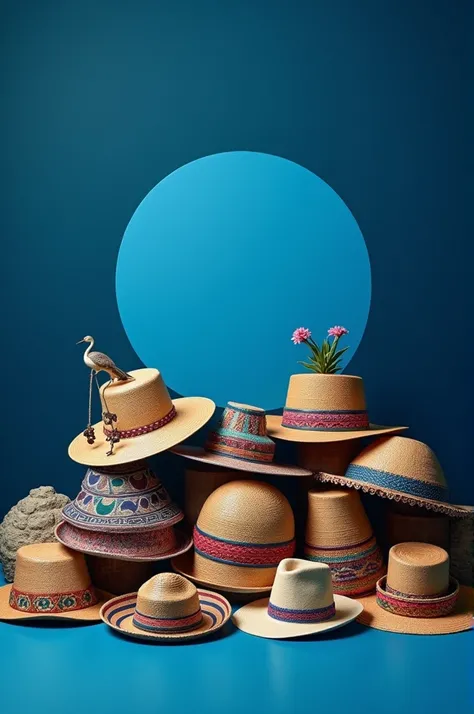 a blue background with a bunch of hats from deferent cultures, from places around the world, and some of it traditional the others modern , and a blue background with a blue circle, Dennis Ashbaugh, color field, dark background, a stock photo, 16:9 