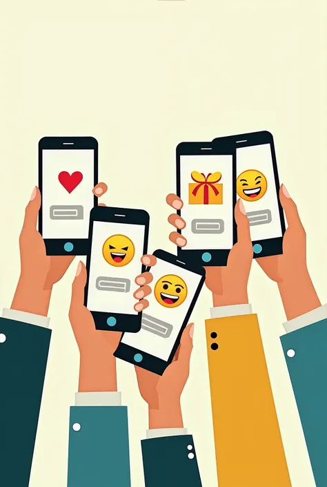 Draw a picture, with several hands with phones in hand,  The first screen should show a heart , on the screen of the second emoji  "a gift", on the third emoji   "Star-daughter ",  screen on the fourth emoji  "SMS"
, the colors are predominantly yellow ,tu...