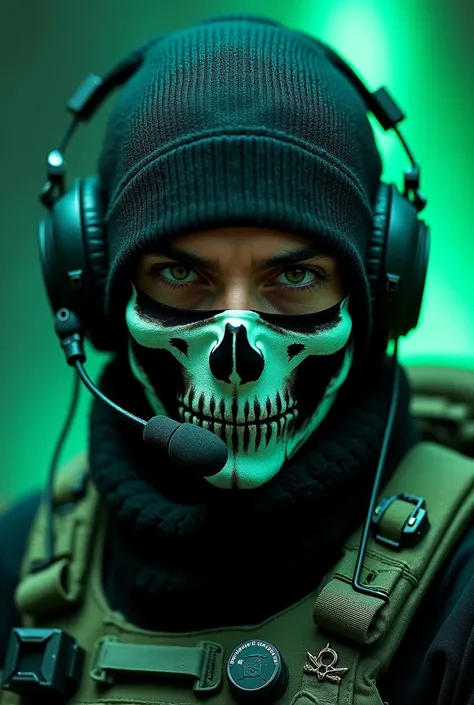  t-shirt A close-up of a masked soldier with a skull design on the mask, wearing tactical gear and a headset. The background features contrasting dark and bright green elements, creating a dramatic effect. The soldiers intense gaze and the detailing of the...