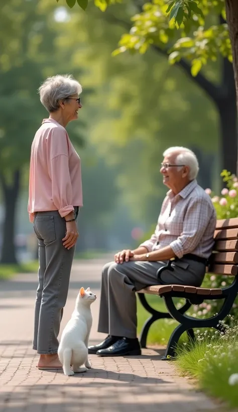 A peaceful street scene with a white female cat standing on the sidewalk. She is dressed in a pastel pink blouse and gray pants, and her expression shows a mix of happiness and sadness. She gazes across the street at an elderly couple sitting on a park ben...