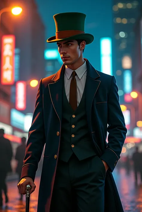  handsome young man  ,  green top hat with a brown stripe and a cane ,  walking in front of the city at night .