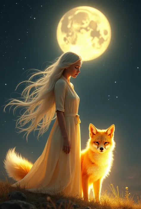 PhotoDrawing  (Description):*  Elara is standing in the center of the scene ,  with her silvery hair floating softly ,  and next to her ,  the magic fox  *Yeni*,  radiating with a golden light that shines brightly .  The background shows a starry sky ,  wi...