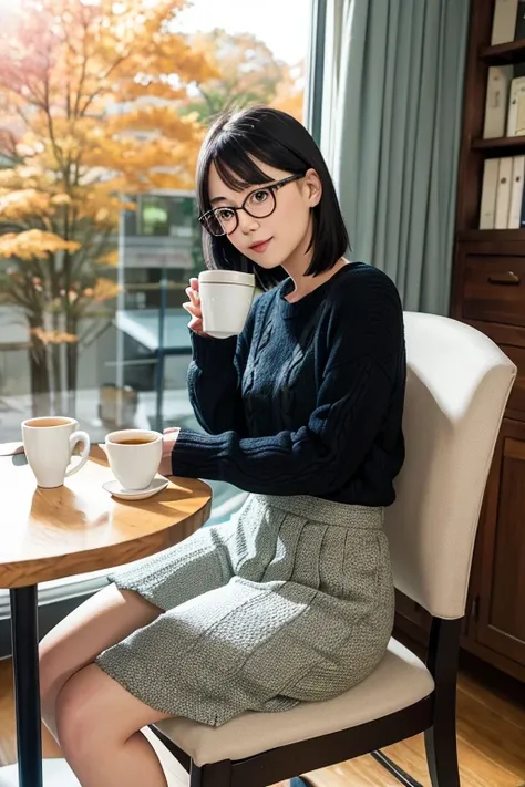 (High Definition), One Female, Japan Person, Cute, Black Hair Short, wearing Cable Knit & Quilted Long Skirt for Female, Small Oval Eye Glasses Frame, Sitting on a chair, Side-Glance, Lean on some cushions by window at Cafe, A cup of coffee & some books on...