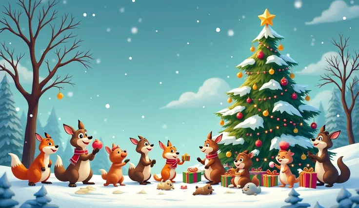 Animals celebrating Christmas next to a big tree with snow animated version 