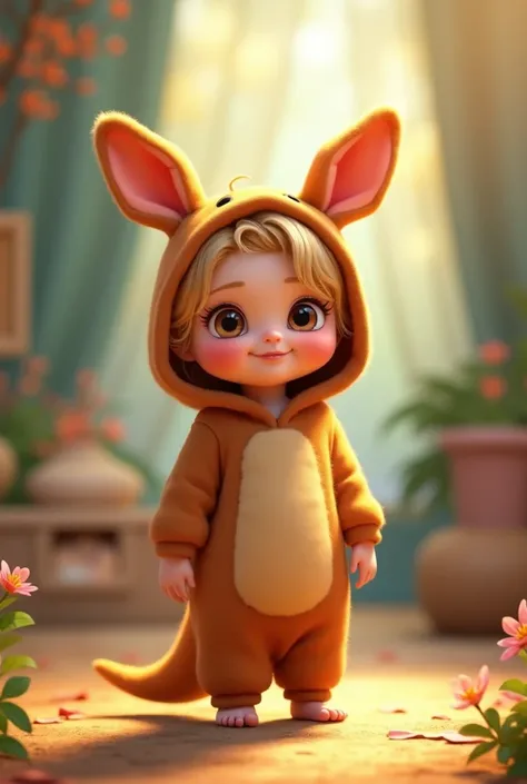 
Disney Pixar style character Rapunzel short baby in a kangaroo costume who is standing and looking straight ahead