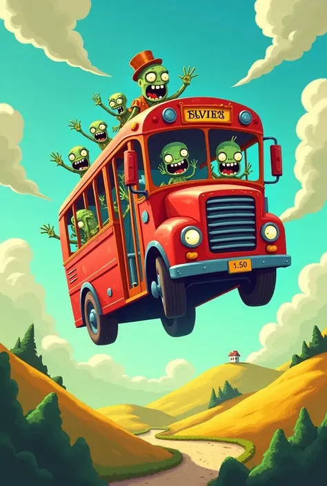 cartoon yellow green and blue flying zombie bus 