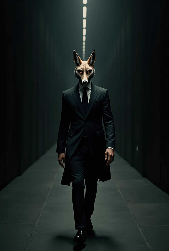 Inside the endless corridor, walking, Handsome young european male in a suit wearing a fox mask, black background, realistic, real life,