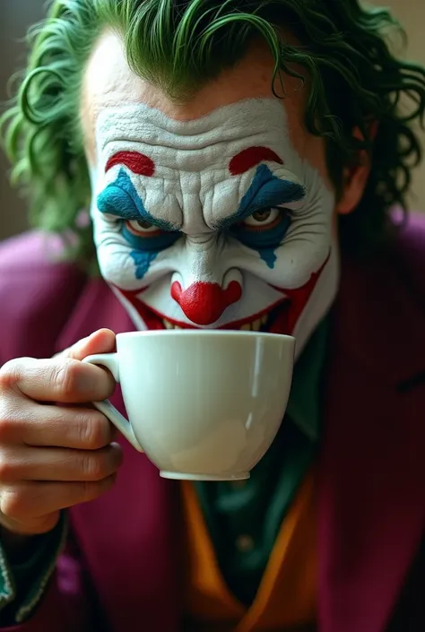 Create an image of the Joker drinking a cup of coffee upside down. Realistic and up close