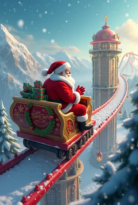 Santa riding a giant, festive rollercoaster, carrying a sack of gifts while zooming through snowy hills.