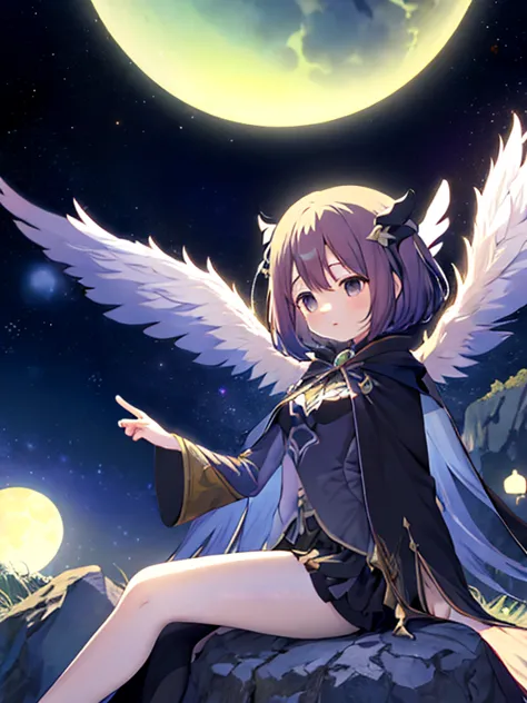 a naked girl in a black cloak is flying through a vortex,   anime fantasy artwork sitting on a rock with a full moon in the back...