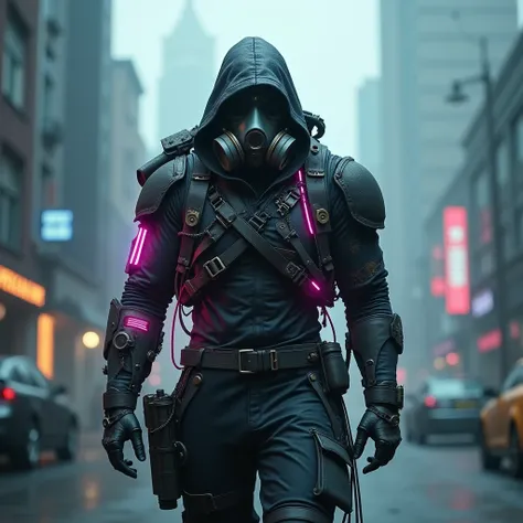 Cyberpunk warrior in a dystopian cityscape, wearing a dark and weathered gas mask with glowing neon pink and blue lights coursing through their armor and wires. The figure is surrounded by a foggy urban environment with towering skyscrapers in the backgrou...