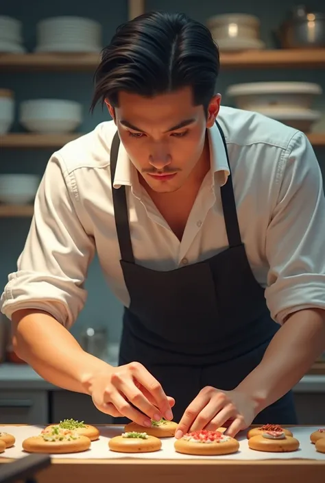 A black-haired male patissier in his late 20s looking straight ahead at Cookie One Day Class