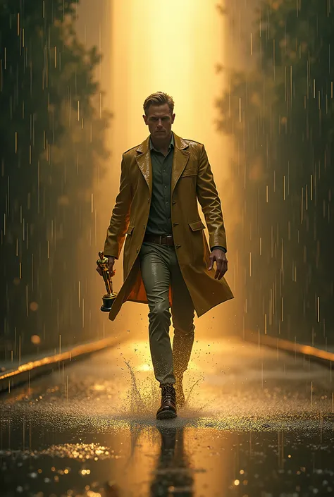 Amazing Moments ，Hyper-Reality， A golden Oscar boy falling  in the rain， Walking through an abstract movie timeline ， Every second is a subtle change image 