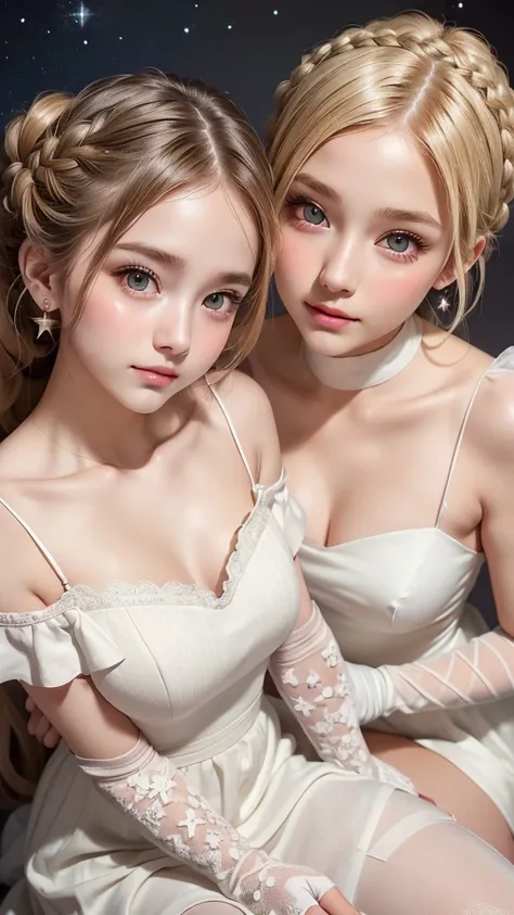 (Two beautiful girls:1.3), ((Best Quality)), ((masterpiece)), (detailed), (French braid), (blonde hair), Romantic low bun, Elbow gloves, Small breasts, vintage slip, knee high socks with frill, (Blushed), (cheek:1.3), shame, Confused, earrings, Silky white...