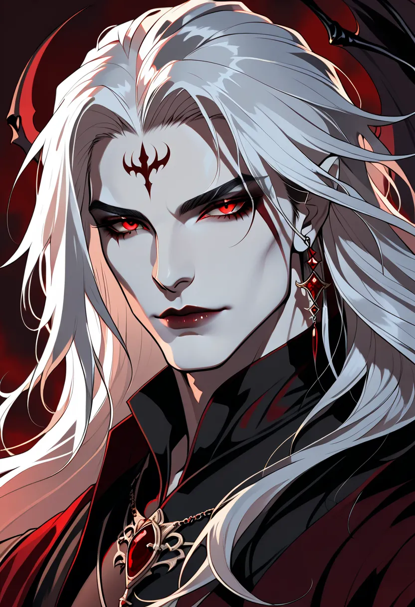 a close-up of a person with long hair and a red eye,  male vampire ,  male vampire  of clan banu haqim, handsome  male vampire ,...