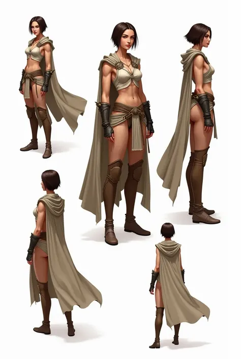 Detailed character sheet, Front view, Side view, Diagonal view, with a white returnground, show women, 30 years old, with short dark brown hair combed return, 1 female warrior, Wave Cape, long flowing hair, Swordsman style, Light Armor, (Earth-toned long l...