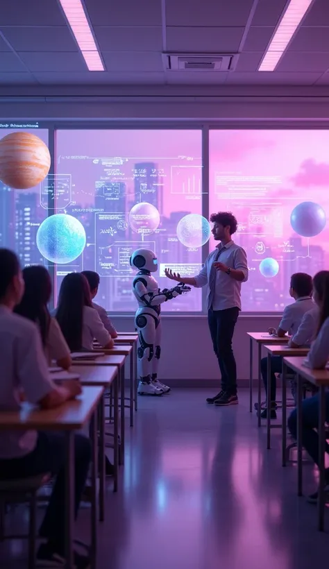 A futuristic classroom bathed in purple hues, with students of various ages interacting with advanced technologies. Holographic screens float in the air, displaying equations, graphs, and 3D planets, while physical books remain open on modernly designed de...