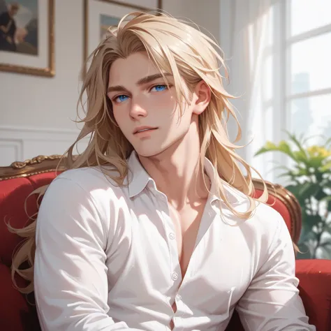 A man with blond hair.  long hair and blue eyes . dressed in a white shirt 