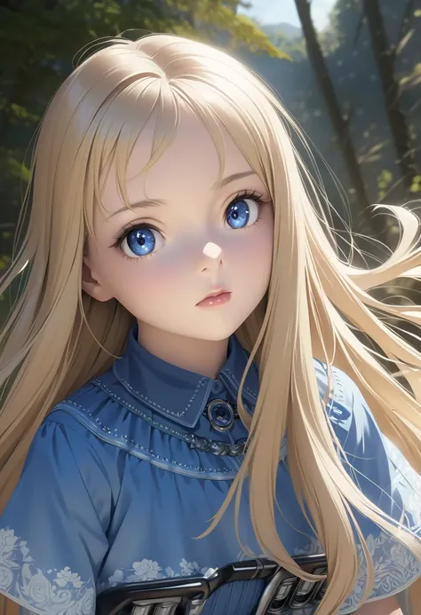  A blonde woman with long hair and a blue dress is posing for a photo,  realistic anime art style, Pictorial rendering of an anime girl , smooth anime cg art,   ANIME REALISM STYLE  ,  realistic art style ,  realistic young anime girl, beautiful digital pa...