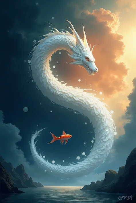 I want the yin and yang in the background in the ying in the black part that is like a sea where a single fish swims clockwise and in the yang in the white part it is like a sky and inside a heavenly dragon flying in the imposing sky 
