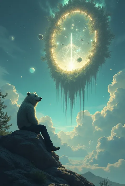 A guy wearing a polar bear mask sitting on a rock ,  he is looking at a portal in the sky where various things come out of the portal