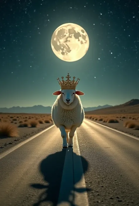 create a photograph, an Easter lamb with a kings crown on its head, on a deserted road, being illuminated by the full moon, the shadow of the lamb on the road is the image of a lion, the lamb walks towards the horizon, being photographed from behind .