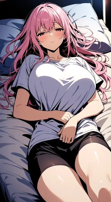  one woman, pink hair,Red eyes, close your eyes , is sleeping,Big Breasts,Thighs、 wearing a white t-shirt, black pants,night,dark, bed