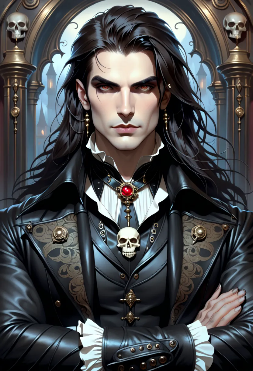 arafed man with long hair wearing a leather jacket and a skull, steampunk male portrait, darius zawadzki and tom bagshaw, fantas...