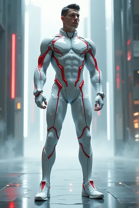 Image of a hero features stately muscular white suit red list futuristic setting