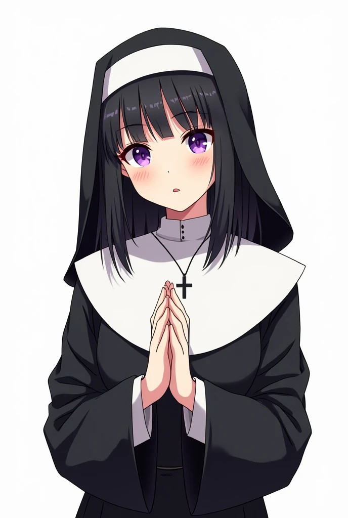 create a comic illustration, A 17-year-old girl,  black hair, medium short, with bangs, violet eyes, She is dressed as Saint Rita of Cassia and is praying,  white background.