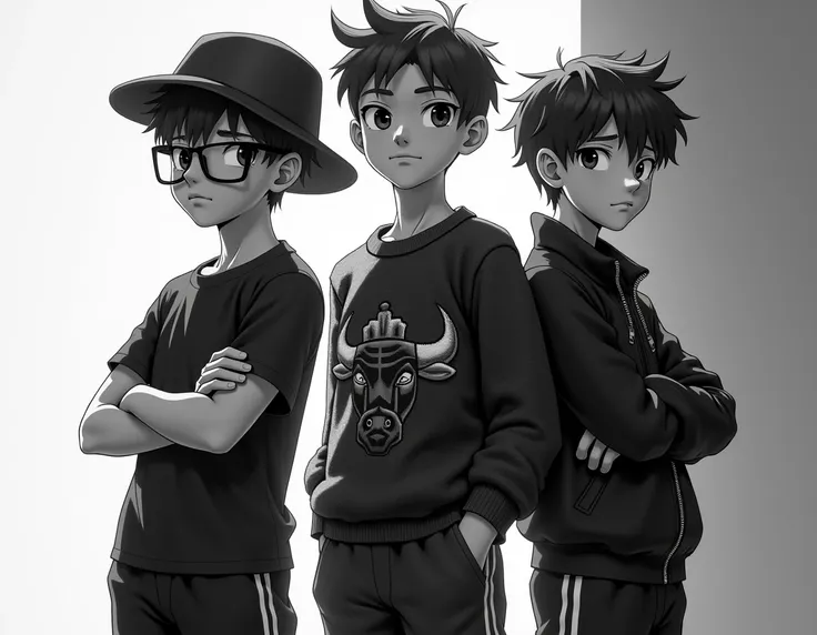  I want you to create an image about 3 boys, All lead ,  black and white .  first subject  ( wears lenses, cap, short sleeve polo,  jogger pants )  second ( wear yarn sweater with 3 bull logos ,  brown hair and stripe on the side ) the third, ( wears lense...