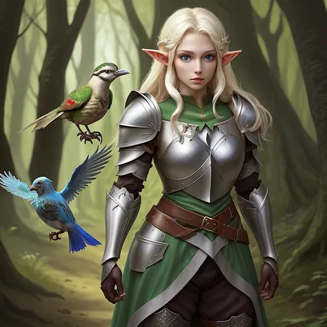 A beautiful-looking elf in armor standing with a bird in the woods