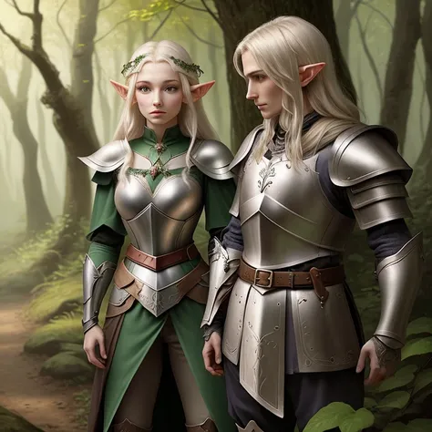 A beautiful-looking elf in armor standing with a bird in the woods