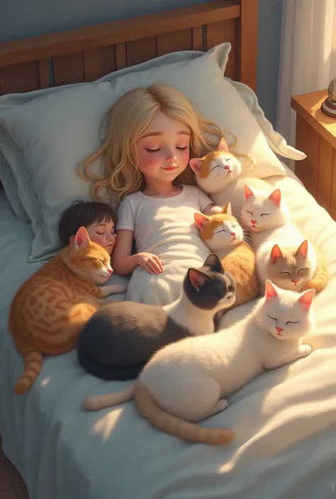 Create me an image where a girl called Alicia sleeps in a bed with lots of cats and the boy in the corner of the bed at the edge who also sleeps who is also sleeping who lacks space 