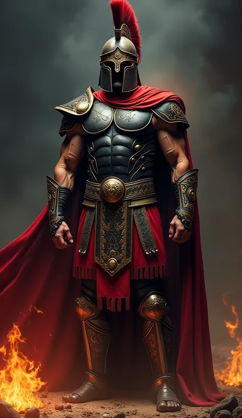 A Spartan warrior in his black armor with gold and red details! with an aura of fire. 