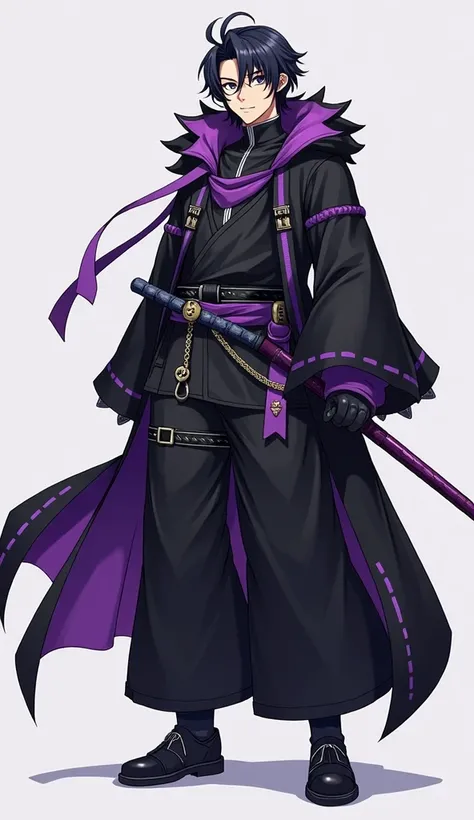  male character , youthful,  body with defined muscles, masculine appearance, Friendly face , anime,  full body , modern samurai ,  his outfit is a mix between samurai and modern clothing from 2024,  anime style,  with black attire and purple details , ten...