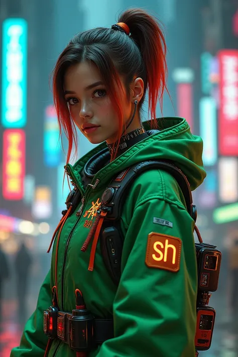  futuristic cyberpunk with brown and red gradient hair ,high-tech outfit .   wears a toska green robotic advance robe decorated with various electronic gadgets and patches, includes a striking  "sh"  symbol on the arm .  The character also wears a high-tec...