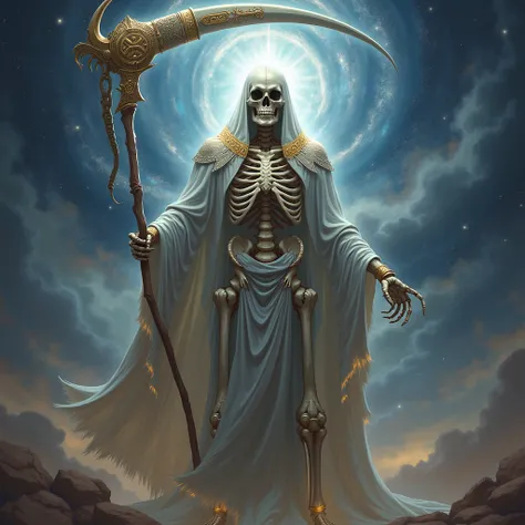 godly human skeleton, rad, holding a scythe with both hands